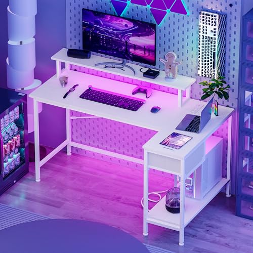 Fixwal Gaming Desk for Bedroom L Shaped Small Corner Computer Desk with Power Outlets and LED Lights, PC Desk, Home Office Desks with Drawer, Writing Desk Study Desk, Rustic Brown