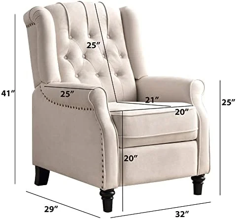 RUNFAYBIU Push Back Recliner Chair  Elizabeth Fabric Recliner with Tufted Back Home Theater Seating w/Padded Seat and Nailhead Trim  Wooden Legs  White