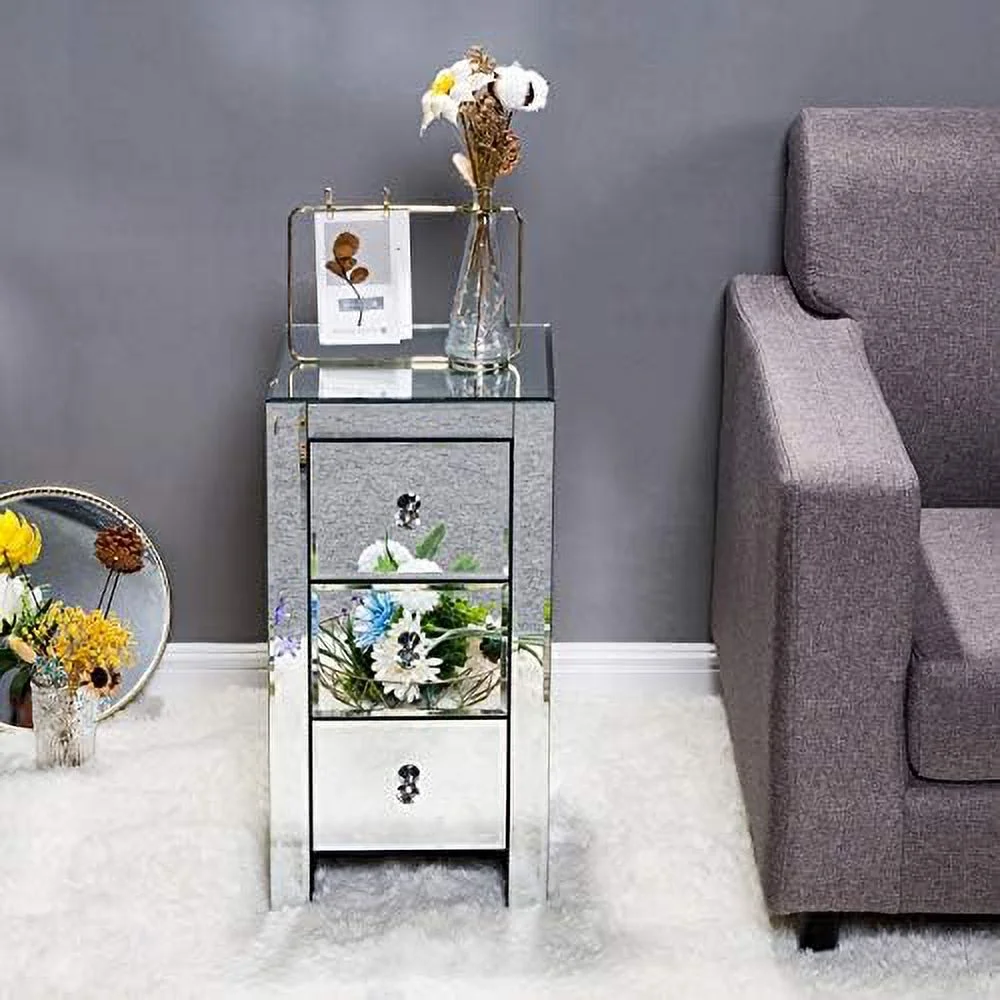 RUNFAYBIU Mirrored Nightstand  Mirrored End Table with 3 Drawers and Crystal-Style Knobs   Mirrored Bedside Table for Bedroom  Living Room  Small Place  Silver  11.81" L x 11.81"