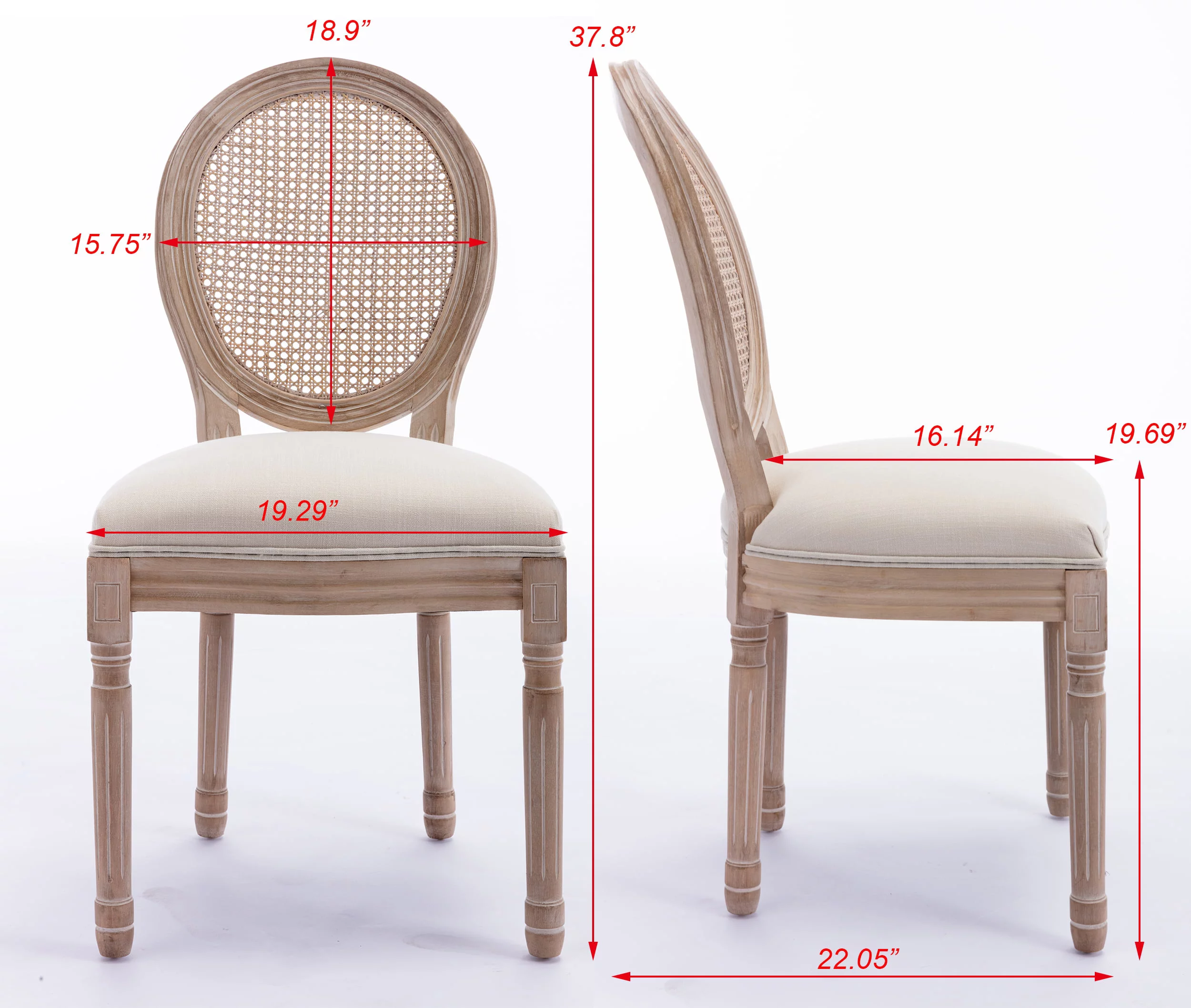 CoSoTower French Style Solid Wood Frame Antique Painting Linen Fabric Rattan Back Dining Chair, Set of 2, Cream