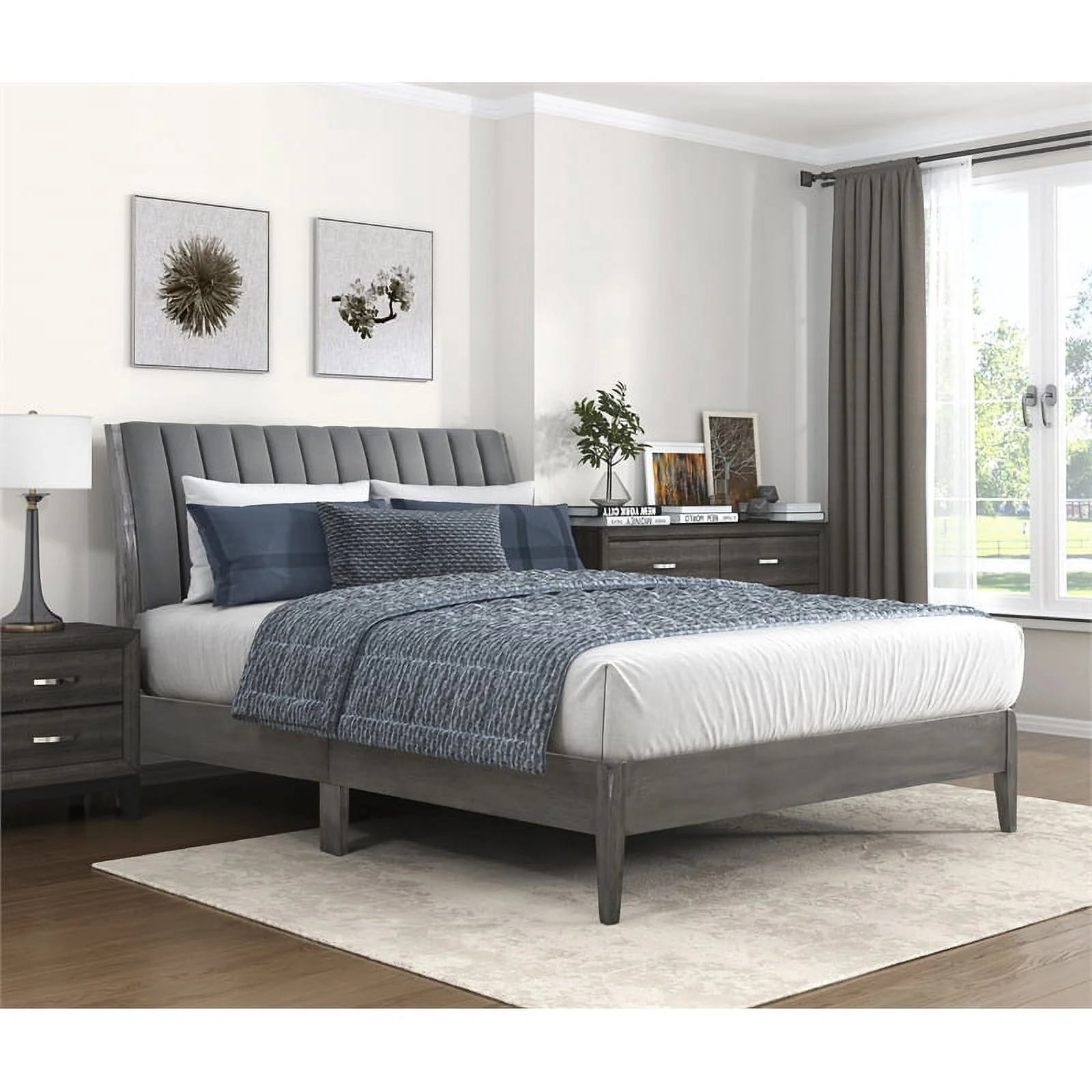 Pemberly Row Contemporary Wood & Velvet Eastern King Size Platform Bed in Gray