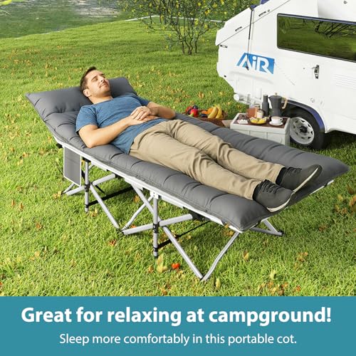 Folding Camping Cot for Adults, 2 Pack Heavy Duty Sleeping Cots with Carry Bag, Double Layer Oxford Portable Travel Camp Cots for Outdoor Camp Beach Home Office (Silver Frame with Blue Pad, 1PACK)