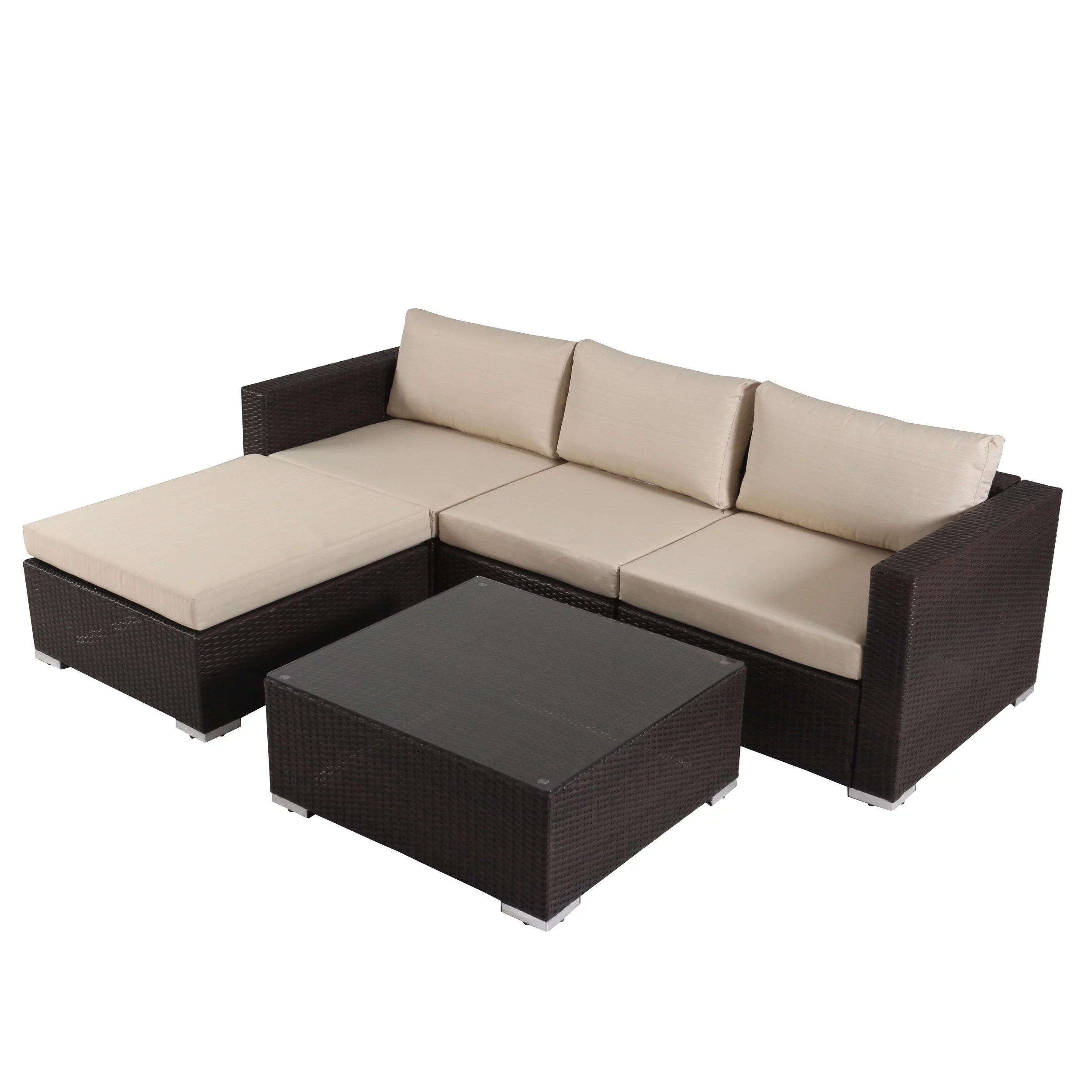 GDF Studio Raleigh Outdoor 5 Piece Wicker Sectional Sofa Set with Cushions, Beige