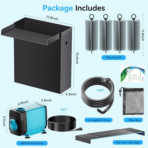 POPOSOAP Pond Waterfall Spillway with Pump Kit, 304 Stainless Steel Waterfall Spillway with Filtration & 660GPH Pond Pump & 9.8FT Tubing Outdoor Fountain Kit for Garden,Backyard Decor,13.4