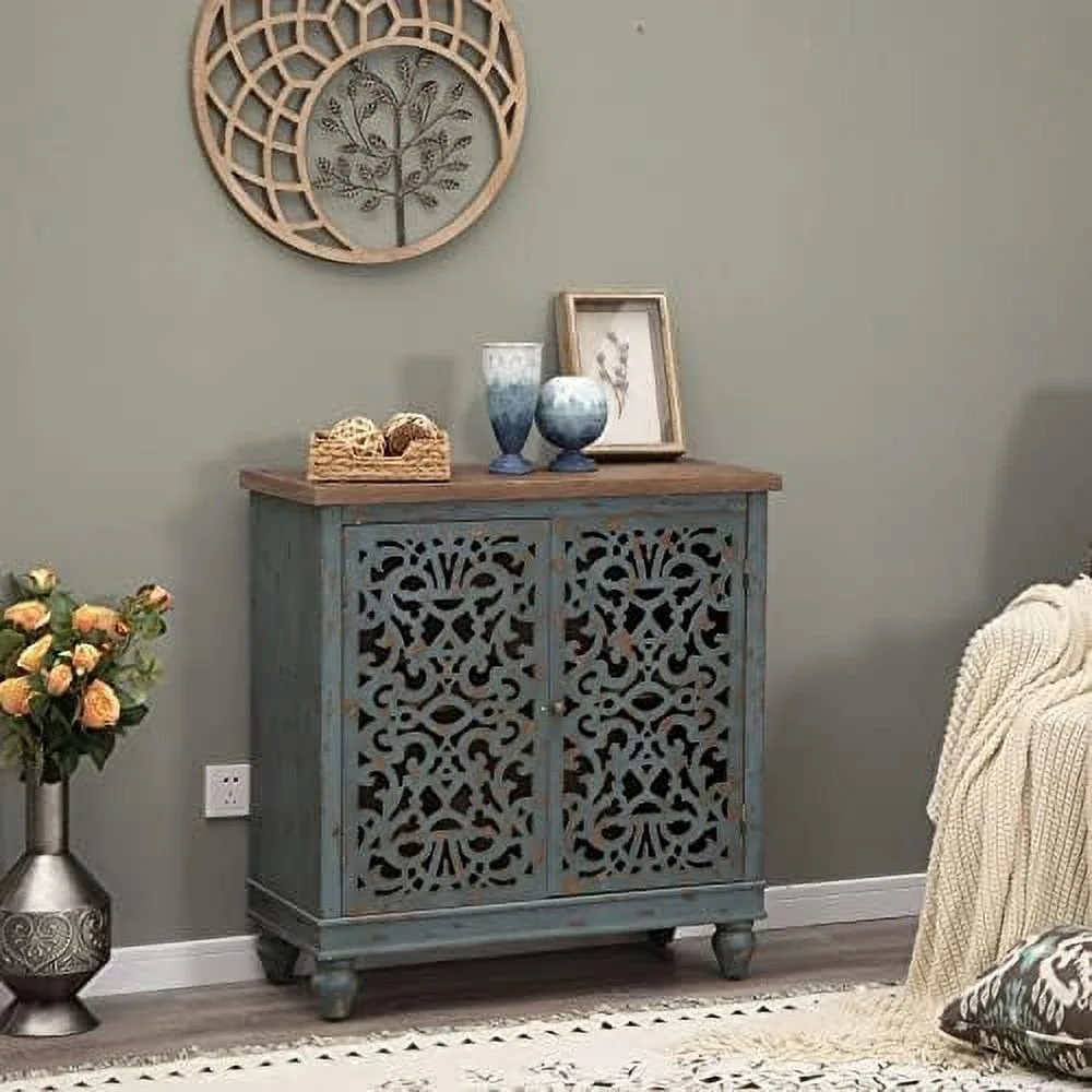 TJUNBOLIFE Sophia & William Accent  Cabinet with 2 Doors  Distressed Display  Organizer Console Table with Wood Frame and Hollow-Carved Floral Door for Entryway Living Room Bedroom  G