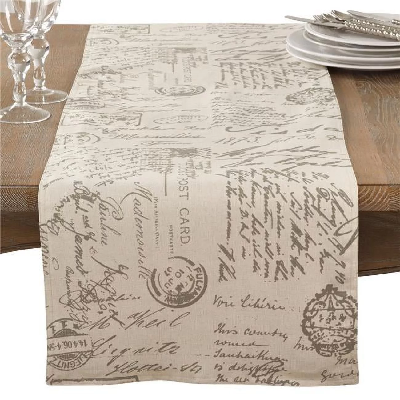SARO 0044.N1672B Old Fashioned Vintage Script Print Design Everyday Table Runner - Natural