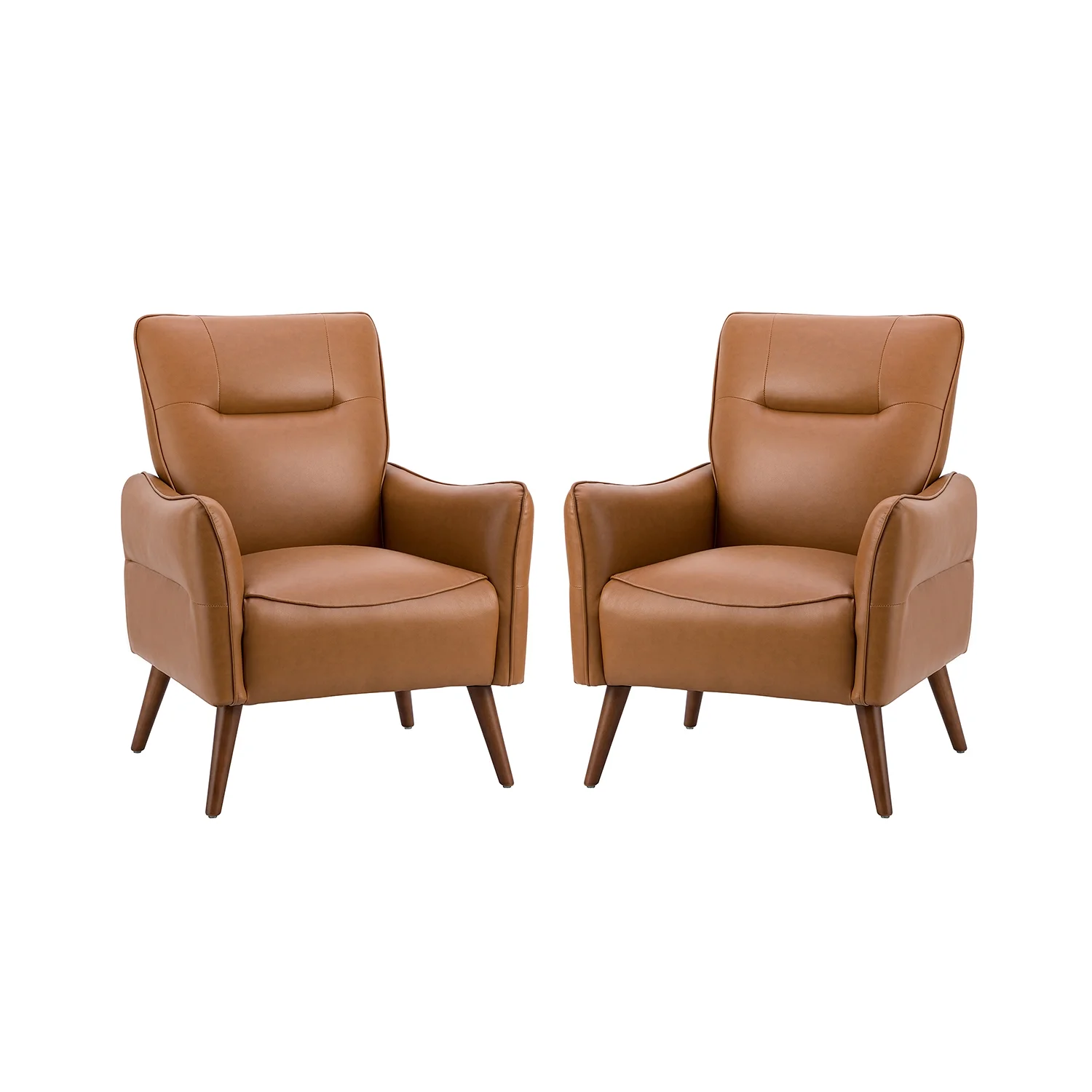 Faux Leather Upholstered Accent Chair Set of 2 Tufted Armchair Lounge Sofa Wood Legs Living Room Office Camel