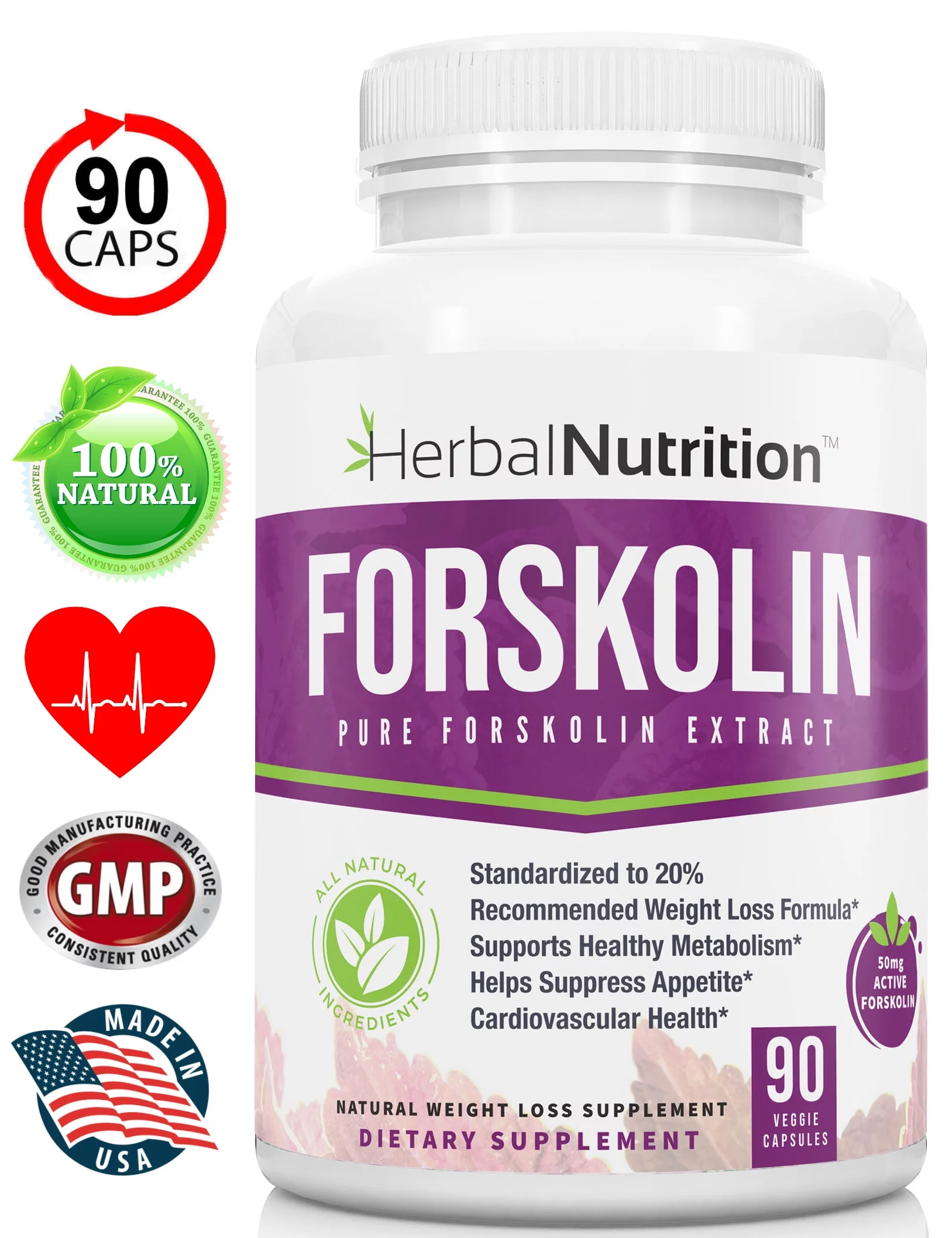 Herbal Nutrition Pure Forskolin Extract Weight Loss Supplement, 90 Capsules