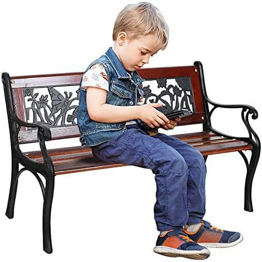 Outdoor Kids Bench Patio Mini Sized Garden Bench With Wooden Seat And Cast Iron Backrest For Porch, Lawn, Backyard And Indoor