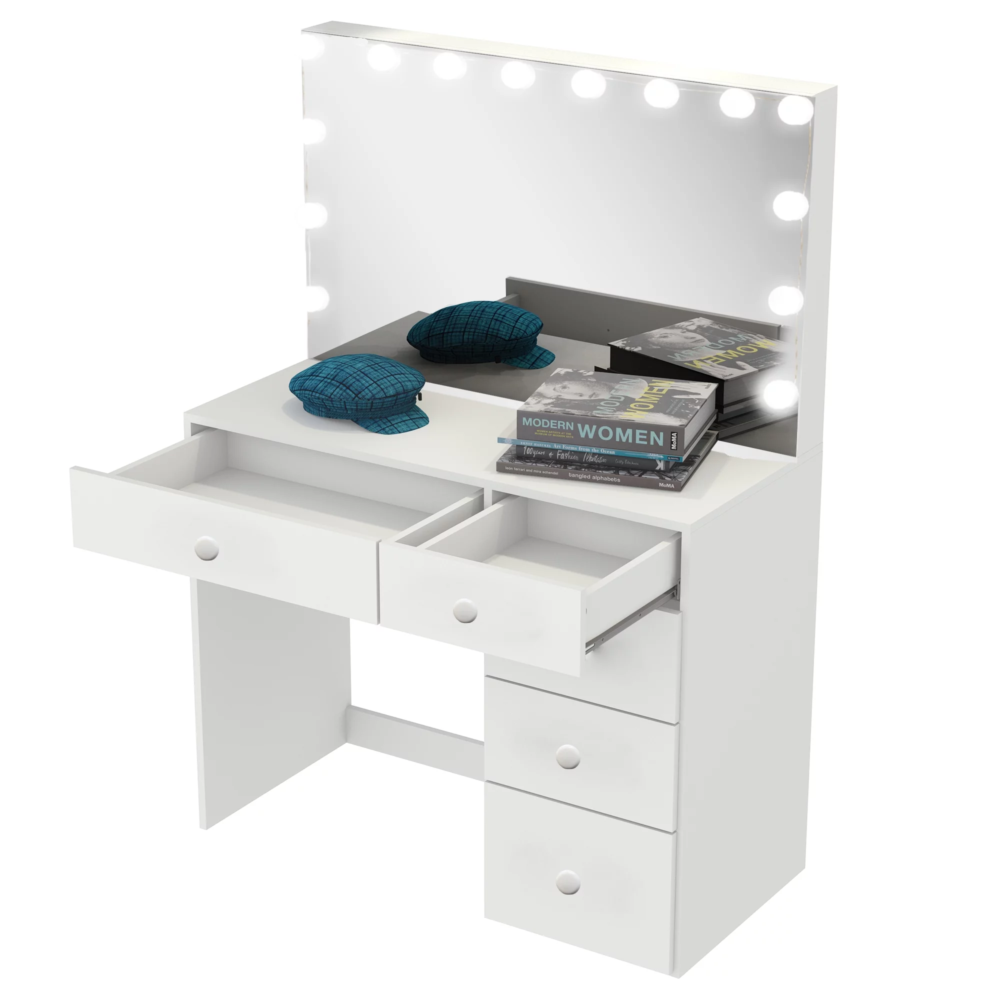 Boahaus Saranya Modern Vanity Desk with Light Bulbs, 5 Drawers, White