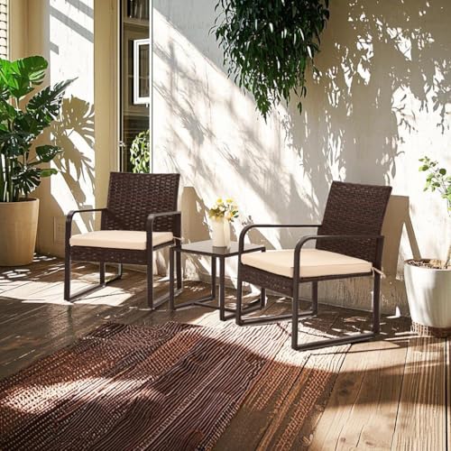 Bezseller 3 Piece Outdoor Patio Furniture Set, Patio Bistro Set Wicker Conversation Set, Modern Rattan Chair with Glass Coffee Table for Backyard, Porches, Poolside, Lawn and Balcony