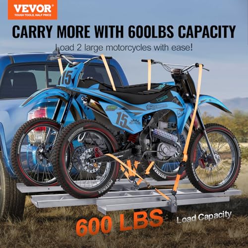 VEVOR Motorcycle Carrier, 2-Bike 600 LBS Aluminum Motorcycle Carrier Hitch Mount, Loading Ramp, Scooter Dirt Bike Trailer Hauler, Ratchet Straps and Stabilizer, for Car, Truck with 2