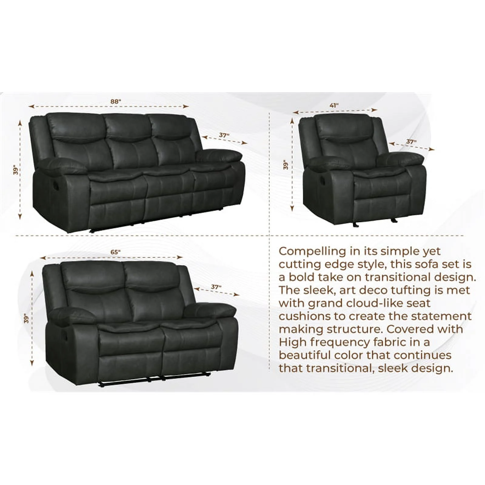 Titan Furnishings Transitional Faux Leather Reclining Sofa Set in Gray