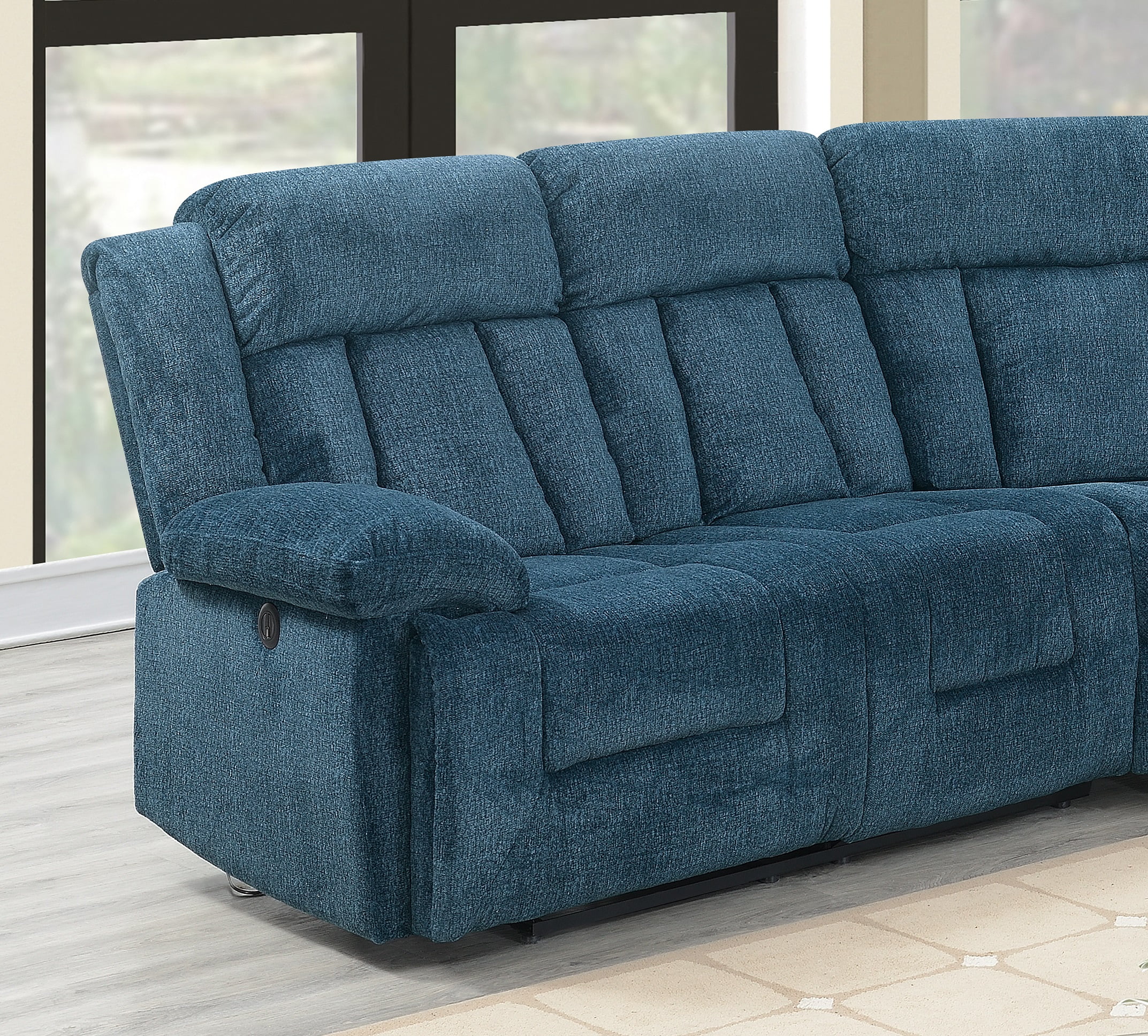 Power Motion Reclining Unique Elegant Chenille Fabric Sectional Sofa set Dark Blue Metal Reclining Sectional Sofa Set 3pcs Set