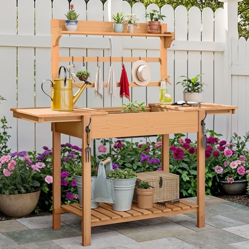 DWVO Outdoor Potting Bench Table with Sink & Sliding Top, Wooden Garden Workbench with Storage Shelves, Hooks & Solid Wood Frame for Patio, Porch, Balcony Use