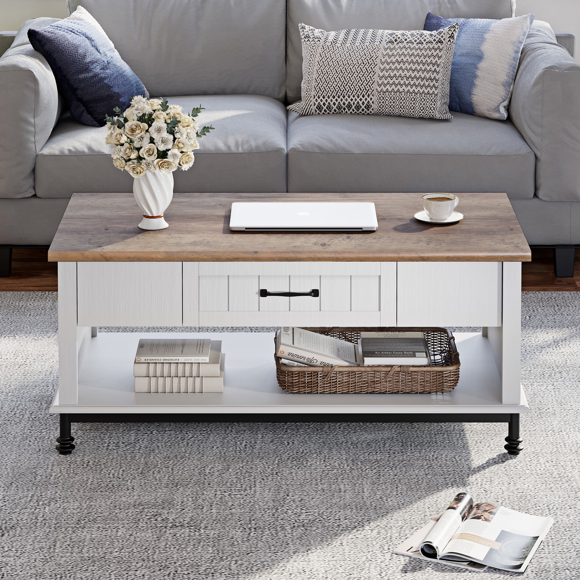 WAMPAT Farmhouse Coffee Table with Storage Shelf for Living Room, Rustic White&Oak
