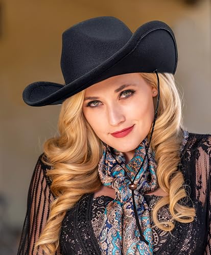 Lanzom Women Men Retro Felt Wide Brim Western Cowboy Cowgirl Hat Dress Up Hat with Wind Lanyard