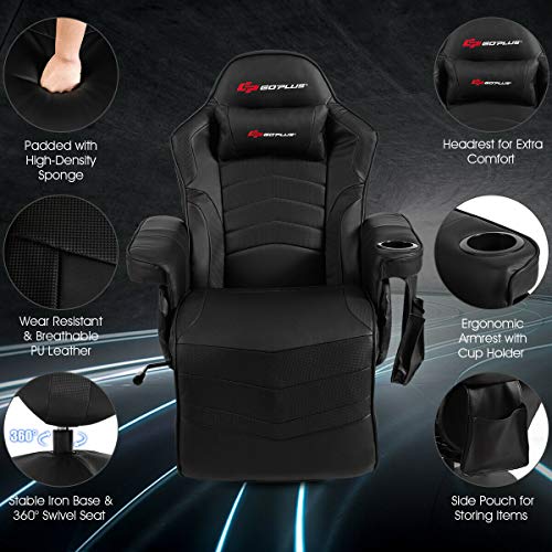 Goplus Massage Gaming Chair, Racing Style Gaming Recliner w/Adjustable Backrest and Footrest, Ergonomic High Back PU Leather Computer Office Chair Swivel Game Chair w/Cup Holder and Side Pouch