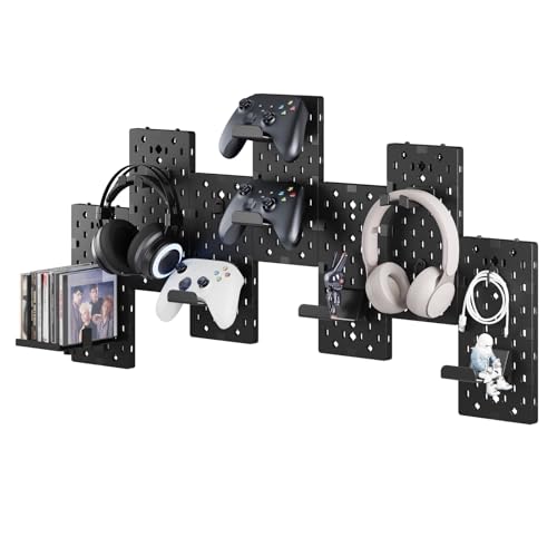 PEGZONE Controller and Headphone Holder Wall Mount, Modular Gaming Pegboard with Accessories, Controller Stand for Xbox PS5 PS4 Switch, Video Game Storage, Disc Shelf, 7pcs Pegboard, Black & Red