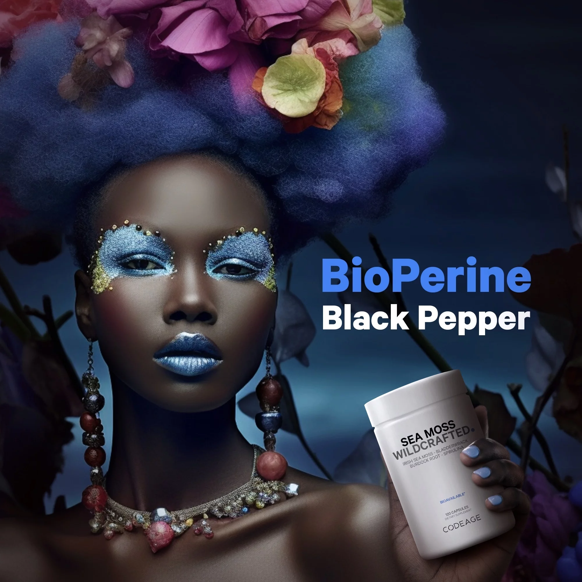 Codeage Raw Wildcrafted Irish Sea Moss, Bladderwrack, Burdock Root, Spirulina & BioPerine® Pepper, 120 ct