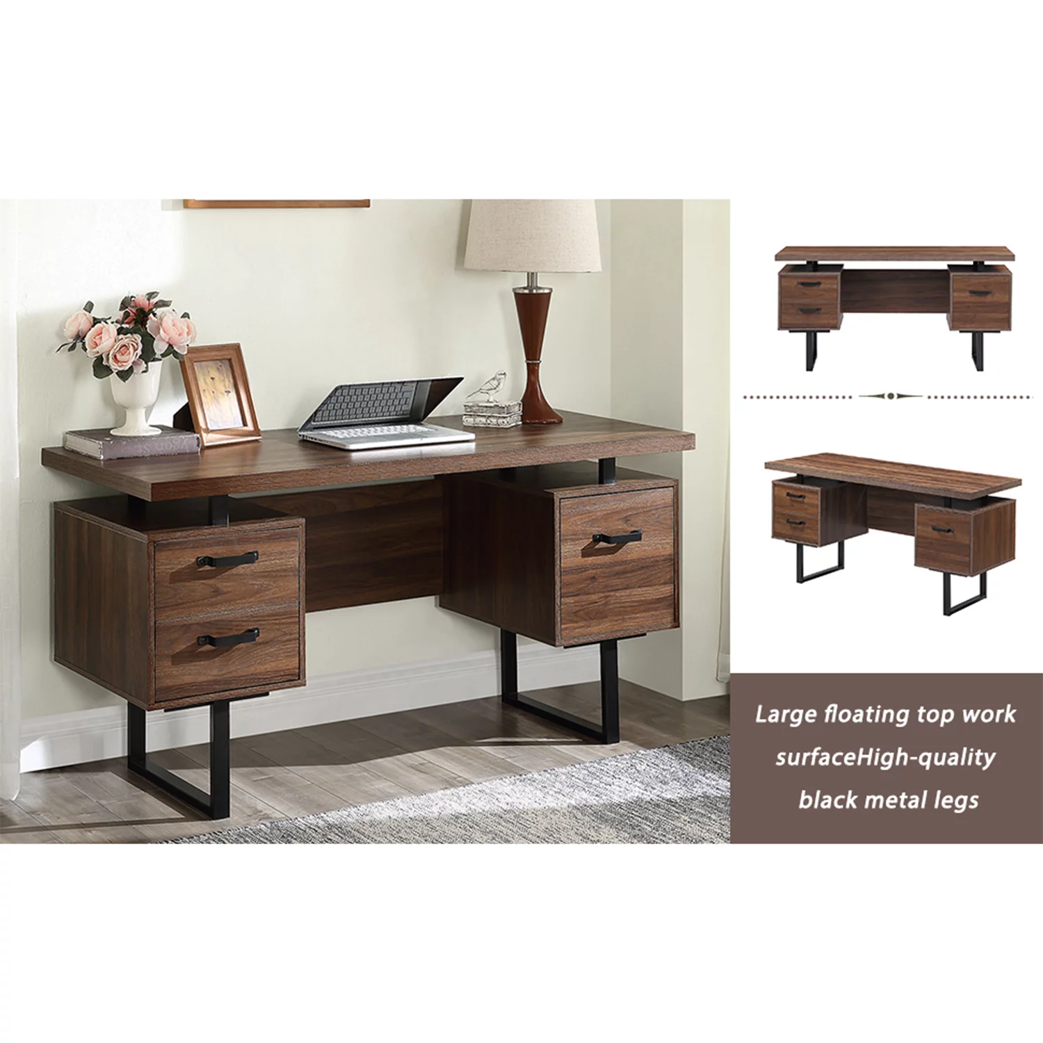 Dcenta Home Office Computer Desk with drawers/hanging letter-size files/59 inch Writing Study Table with Drawers