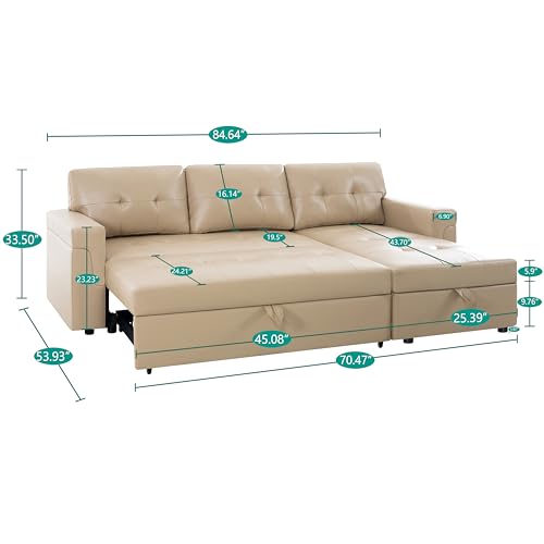 Naomi Home Jenny Sectional Sofa Sleeper with Storage Chaise, Tufted Pull Out Couch with Storage, L-Shaped Reversible Sleeper Sofa with Storage, Black,Air Leather