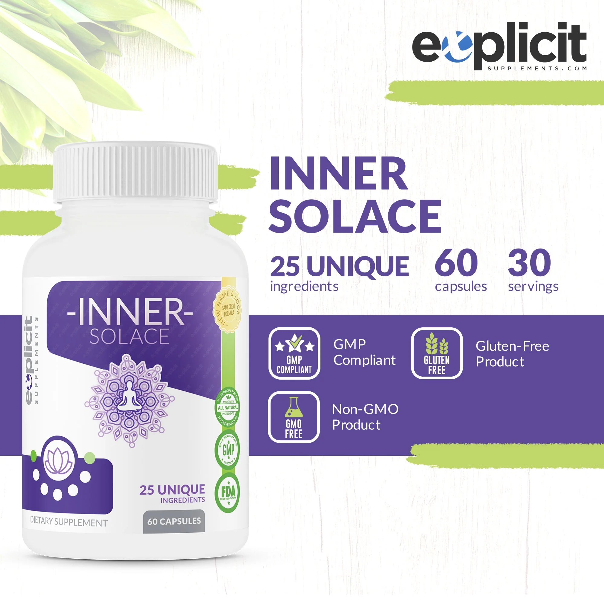 Inner Solace - Anxiety Relief Supplement – 3 Pack - Comprehensive Formula for Anxiety Relief & Stress Management in Men & Women – 60 Capsules - Made in USA – Money Back Guarantee.