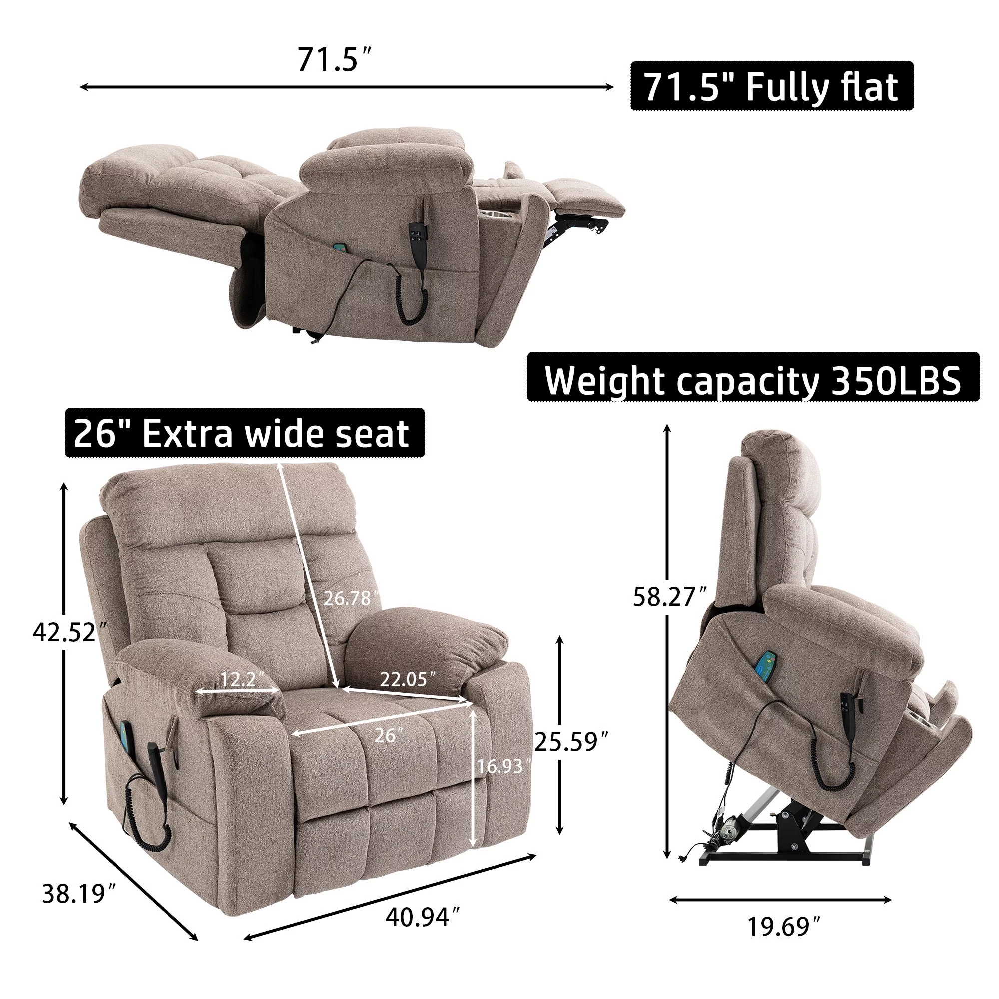 Dual Motor Power Lift Recliner Chair with Massage and Heat for Elderly People,Oversized Recliners Chair for Big Tall men,Infinite Position, 180 Degrees,Cup Holders,Side Pocket,Fabric,350 lbs
