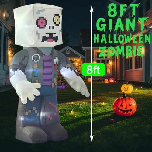 8FT Halloween Inflatable Pumpkin Skeleton with Ghost Decorations, Blow Up Decoration with Build-in LEDs for Indoor Outdoor Garden,Lawn, Halloween Parties