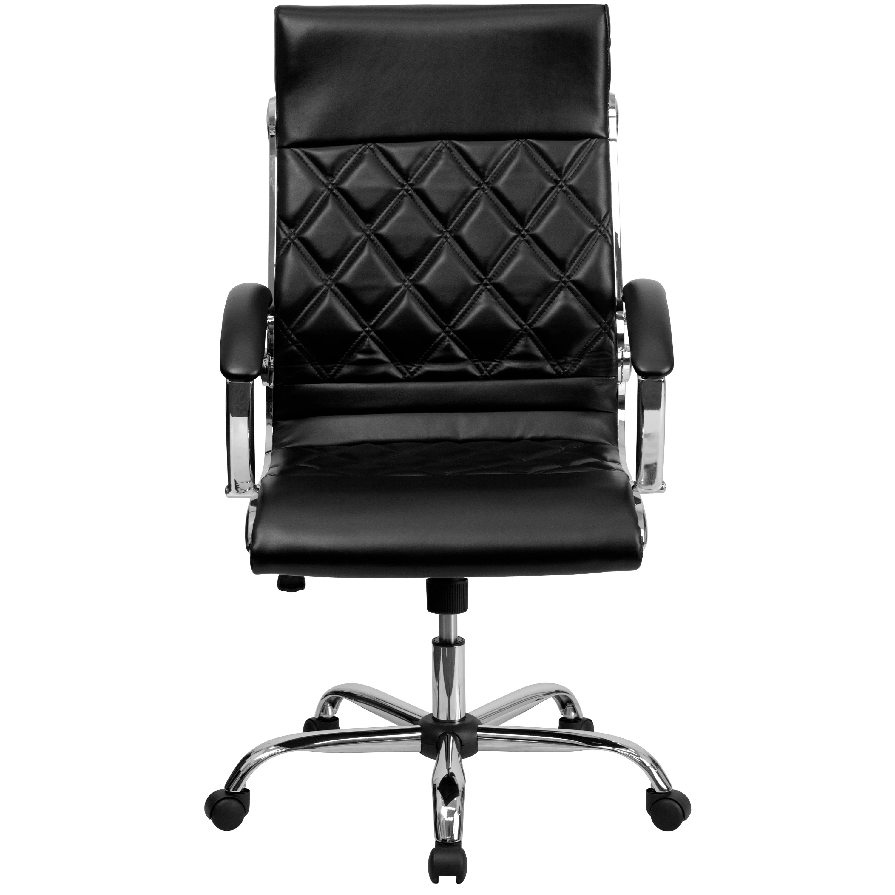 BizChair High Back Designer Quilted Black LeatherSoft Executive Swivel Office Chair with Chrome Base and Arms