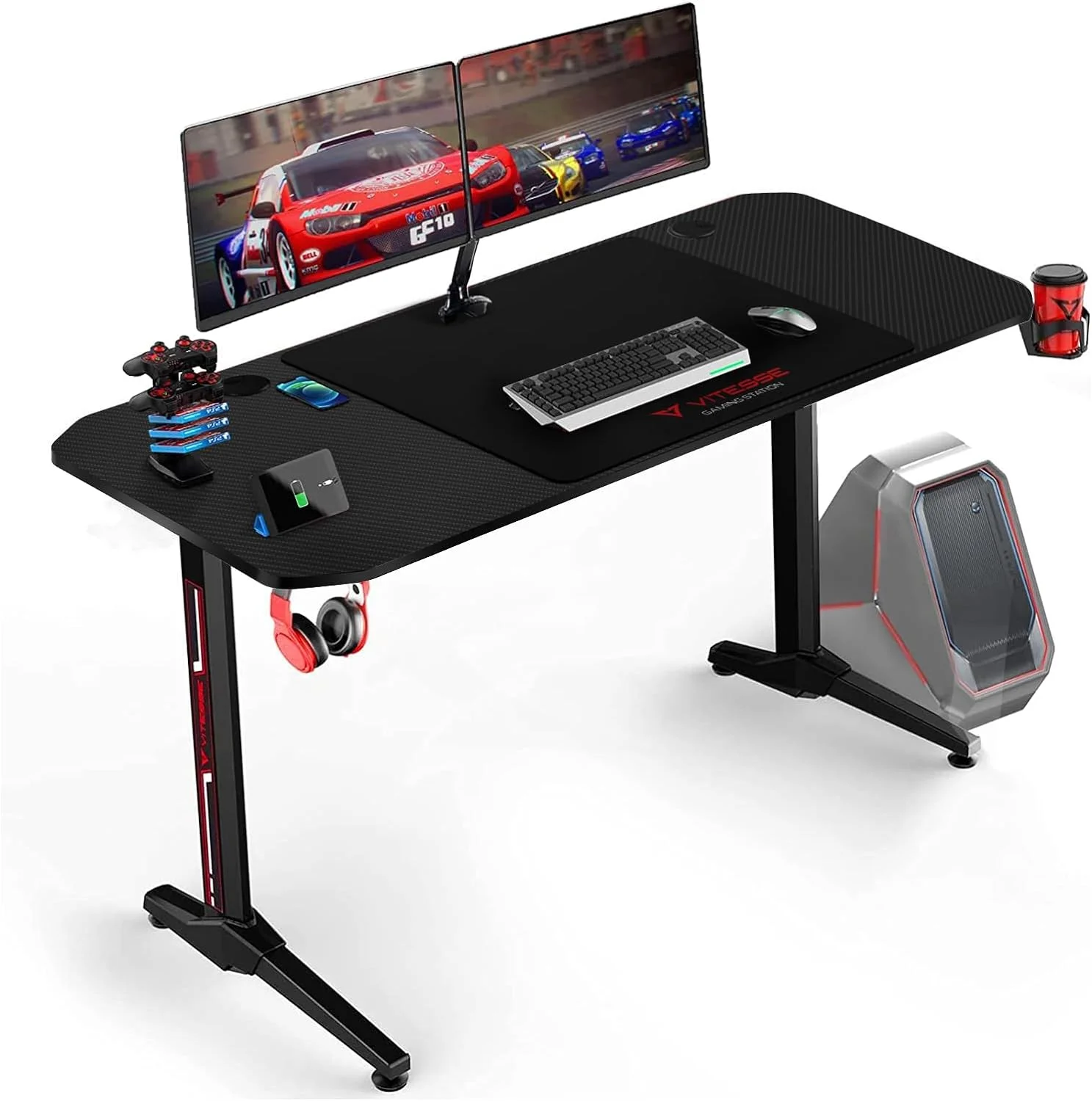 Waleaf Ergonomic Gaming Desk 55 Inch, T Shaped Office PC Computer Desk with Full Desk Mouse Pad, Gamer Tables with Gaming Handle Rack, Cup Holder Headphone Hook