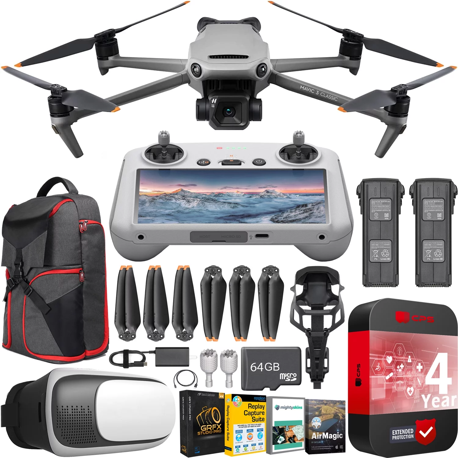 DJI Mavic 3 Classic Drone 4/3 CMOS Hasselblad Camera Quadcopter with RC Smart Remote Controller CP.MA.00000554.01 Adventure Pack Bundle with Deco Gear Backpack + Extra Battery + FPV VR Pilot Headset