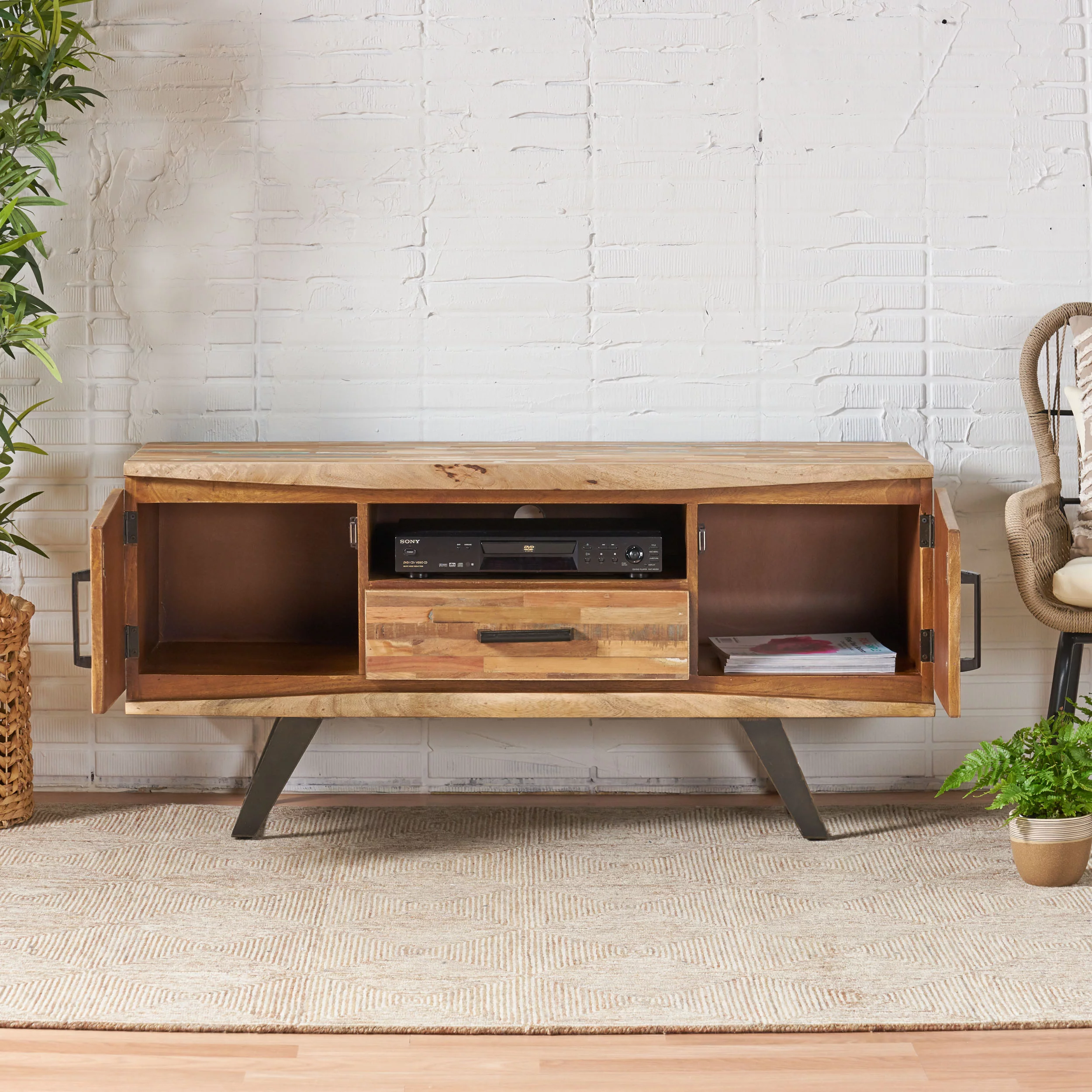 Noble House Desta Handcrafted Boho Reclaimed Wood TV Stand, Natural and Black