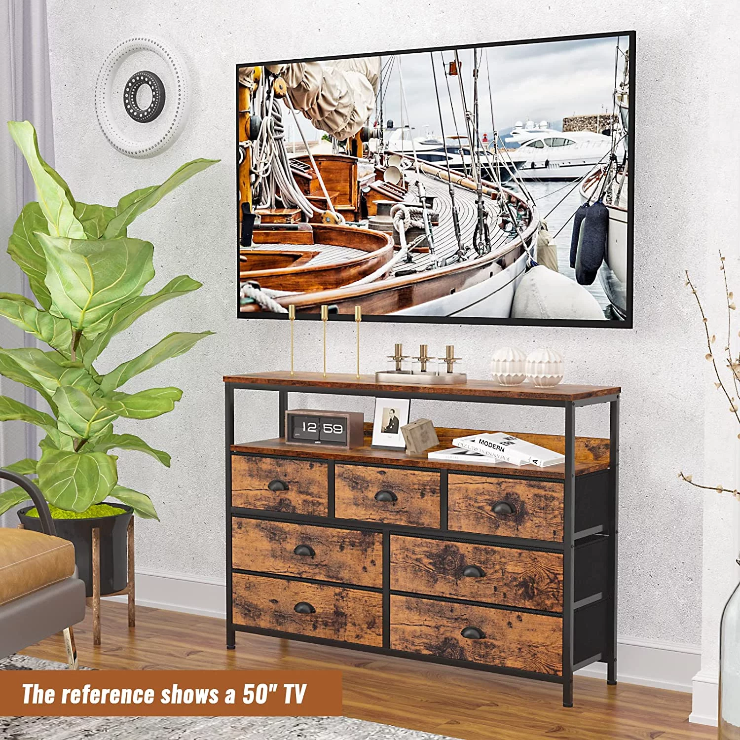 YINCHEN TV Console Table, TV Stand with 7 Storage Drawer, Sofa Table with 2-Tier Shelves, Entertainment Center for 45