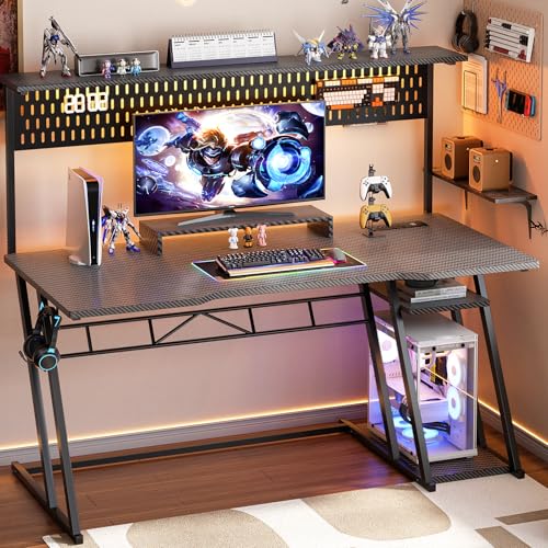 Armocity Gaming Computer Desk with Shelves and Outlets, Gaming Desk with Hutch and LED Lights, Reversible PC Gaming Desks with Pegboard, Carbon Fiber Black 47''