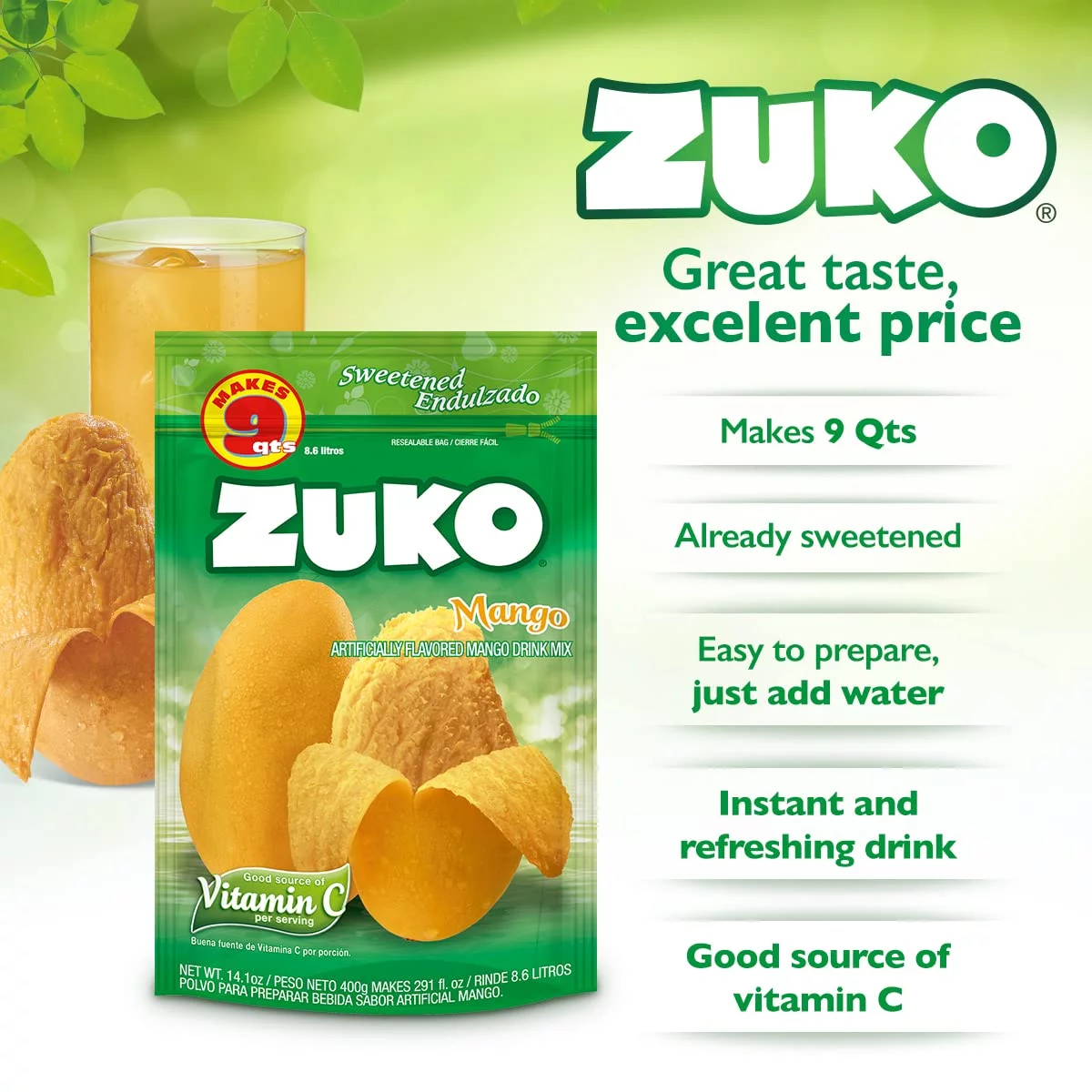 Zuko Mango Instant Powder Drink | Family Pack | No Sugar Needed | Vitamin C | 14.1 Ounce (Pack of 6)