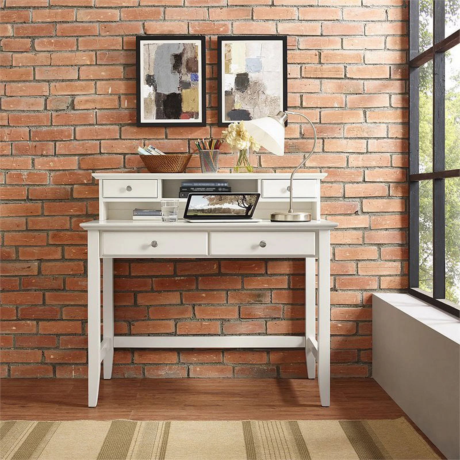 Pemberly Row Writing Desk with Hutch in White