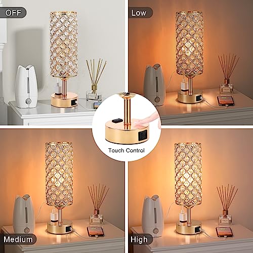 Crystal Lamp Touch Control Set of 2, Sliver Crystal Table Lamps with USB C+A Ports & AC Outlet, 3-Way Dimmable Nightstand Touch Lamp, Modern Bedside Table Lamp for Bedroom(Bulbs Included)