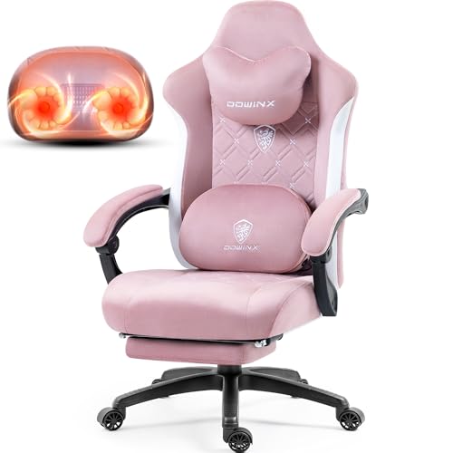 Dowinx Fabric Gaming Chair with Heated Massage Lumbar Support, Computer Game Chairs for Adults, Big Tall Gamer Chair with Pocket Spring Cushion and Footrest, Recliner Gaming Chairs for Adult,Pink