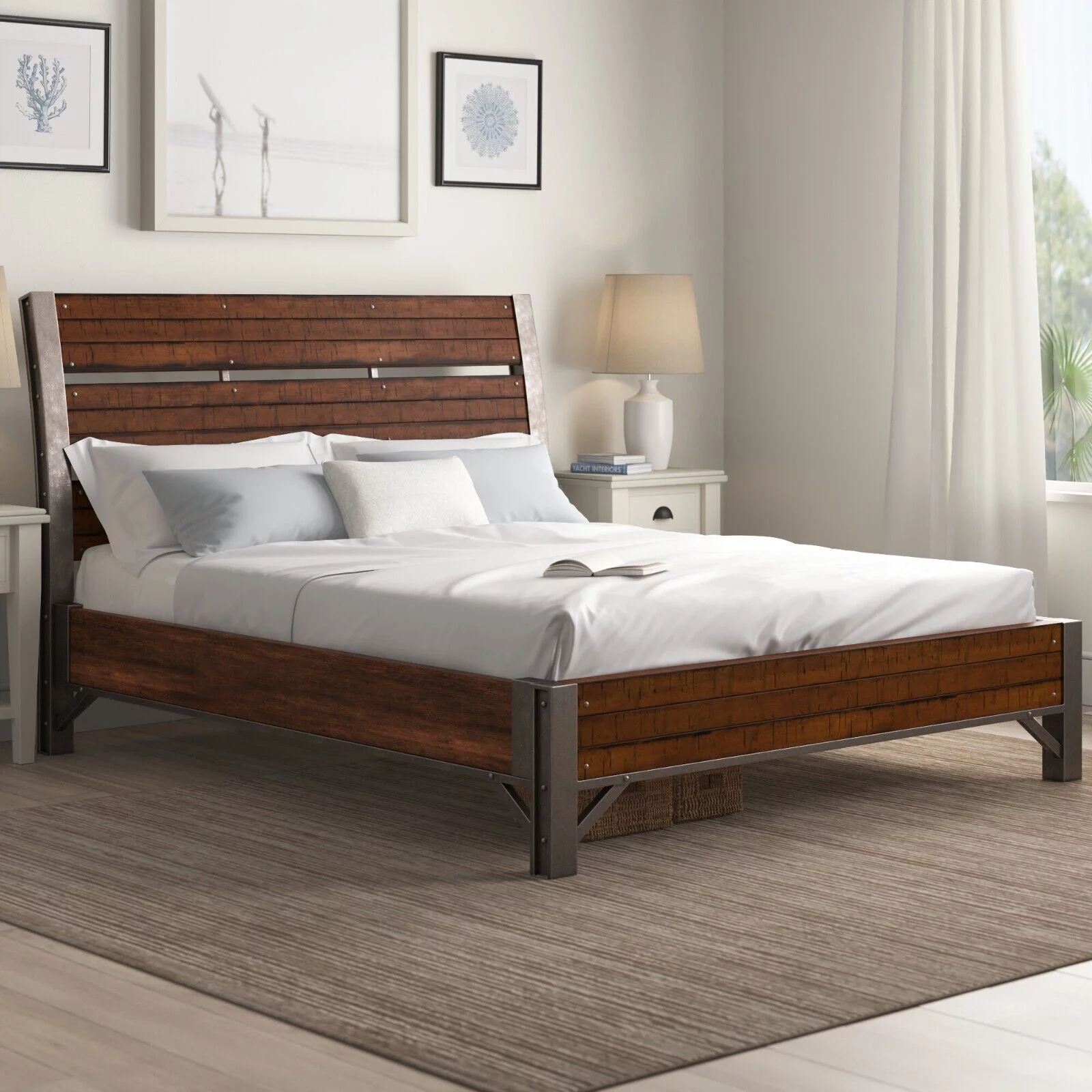 Rustic Brown and Gunmetal Finish 1pc Eastern King Size Platform Bed Horizontal Slat Design Low-Profile Bedframe