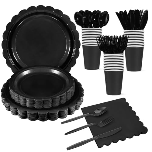 350 Pcs White Paper Plates and Napkins, 50 Guest White Party Supplies Include Scalloped Plates Paper Napkin Cup Plastic Spoon Fork Knive for Baby Shower, Wedding, Birthday