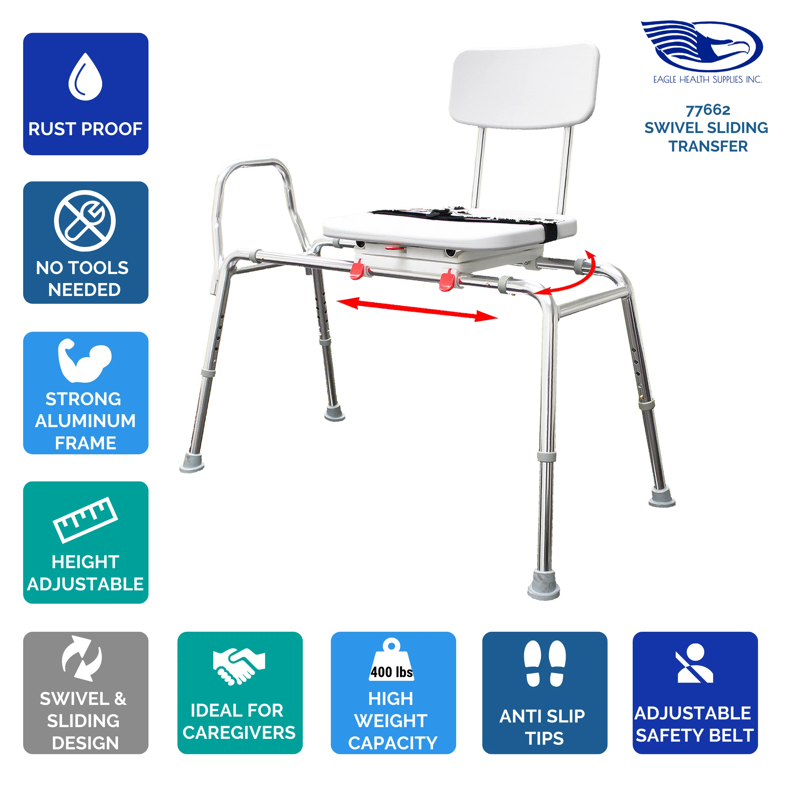 Eagle Health Supplies Swivel Sliding Bath Transfer Bench (77662) - Regular (Base Length: 39