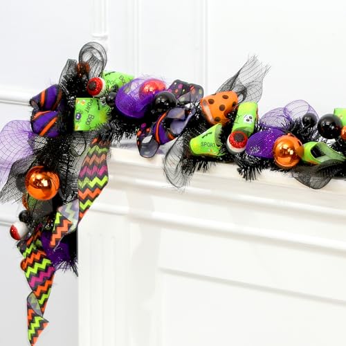 6 ft Halloween Garland Halloween Decoration Artificial Mixed Ball Ribbon Eye Hanging Garland Decoration for Mantle Fireplace Table Centerpiece Front Door Indoor Outdoor Party Holiday