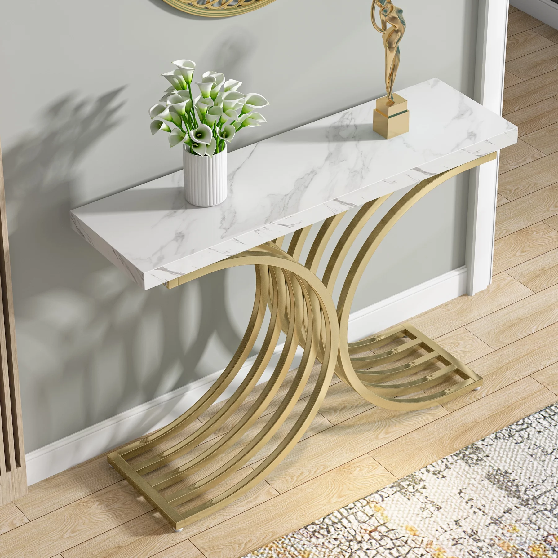 X-Base Gold and White Console Table, Narrow Sofa Accent Table with Faux Marble Top for entrance, Hallway