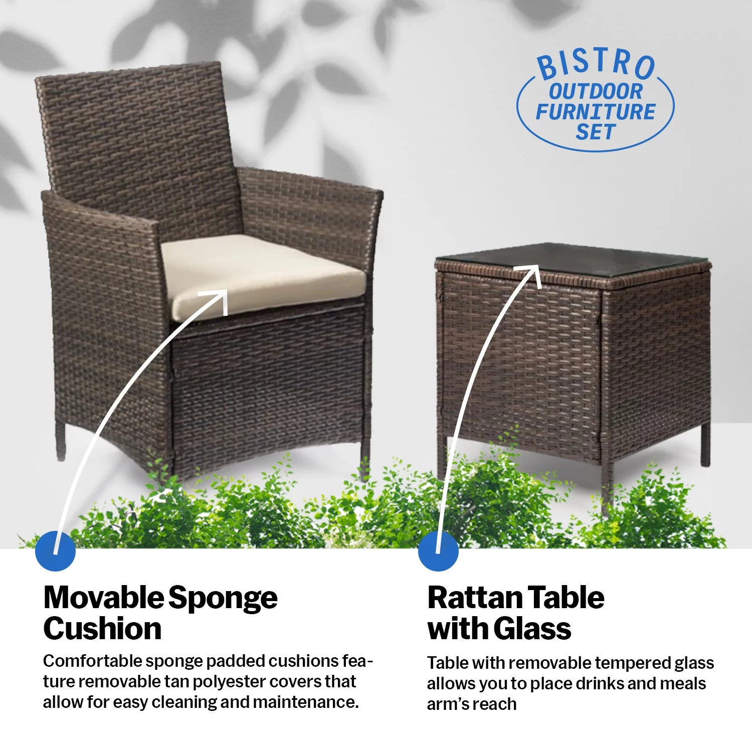 Sofia 3 Piece Rattan Bistro Patio Furniture Set- 2 Metal & Soft Cushion Chairs With a Beautiful Cafe Table - Beige