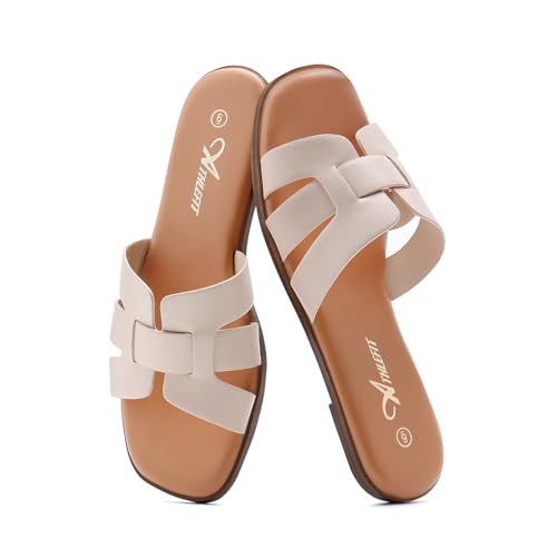 Athlefit Women's Flat Sandals Dressy Summer Square Open Toe Slip On Leather Slide Sandals