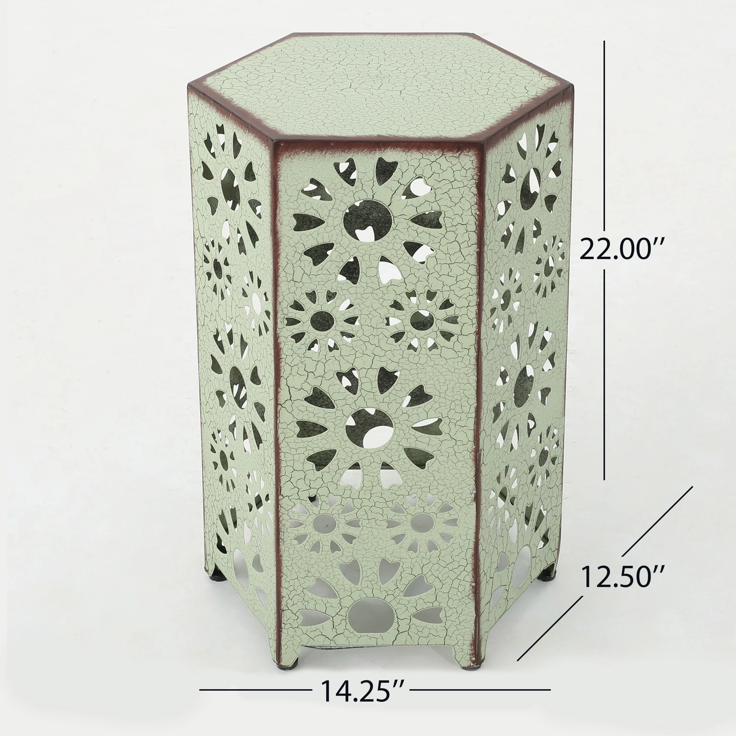 Noble House Vania 12 Inch and 14 Inch Sunburst Iron Side Table Set, Crackle Green