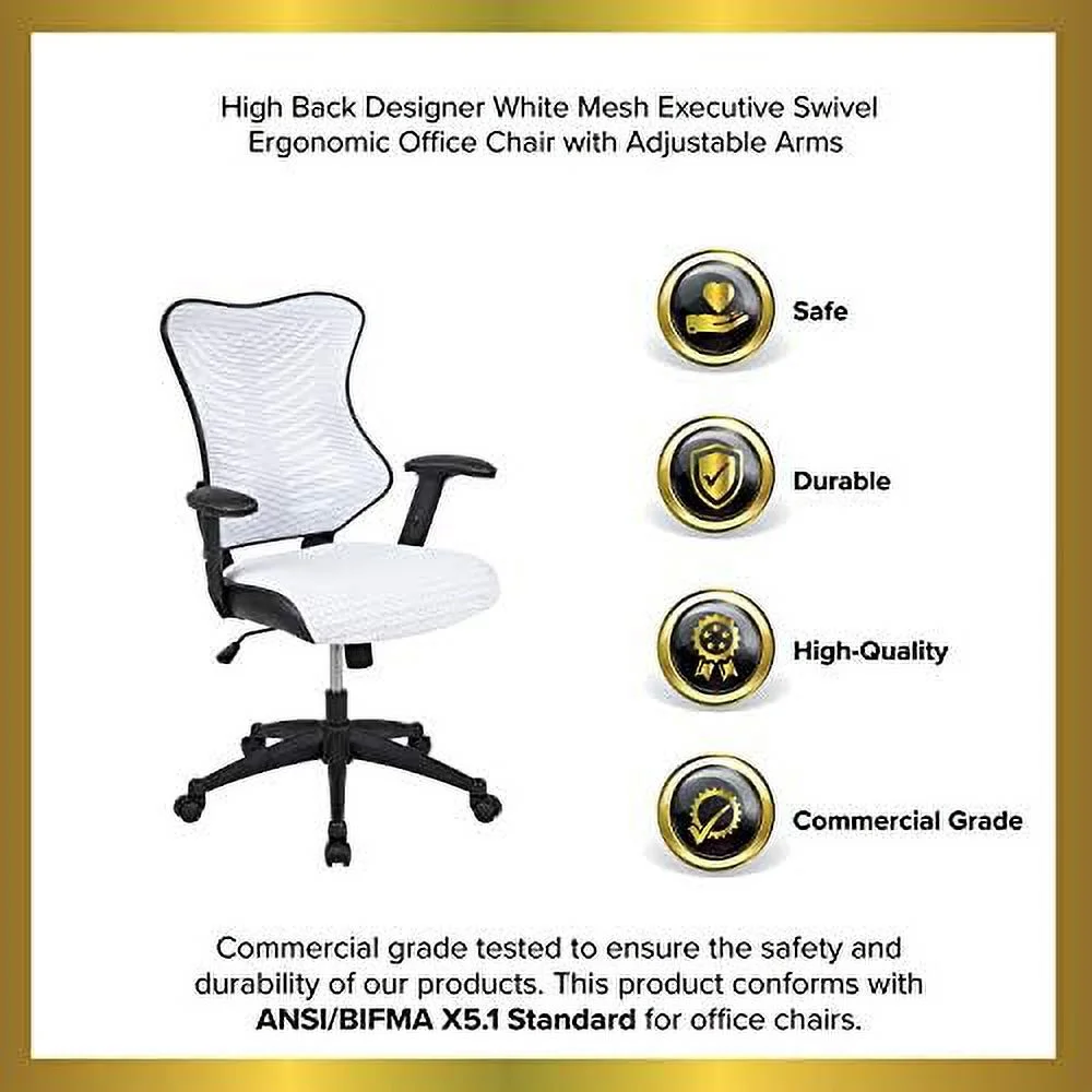 High Back Designer White Mesh Executive JOMA Office Chair - Adjustable Arms