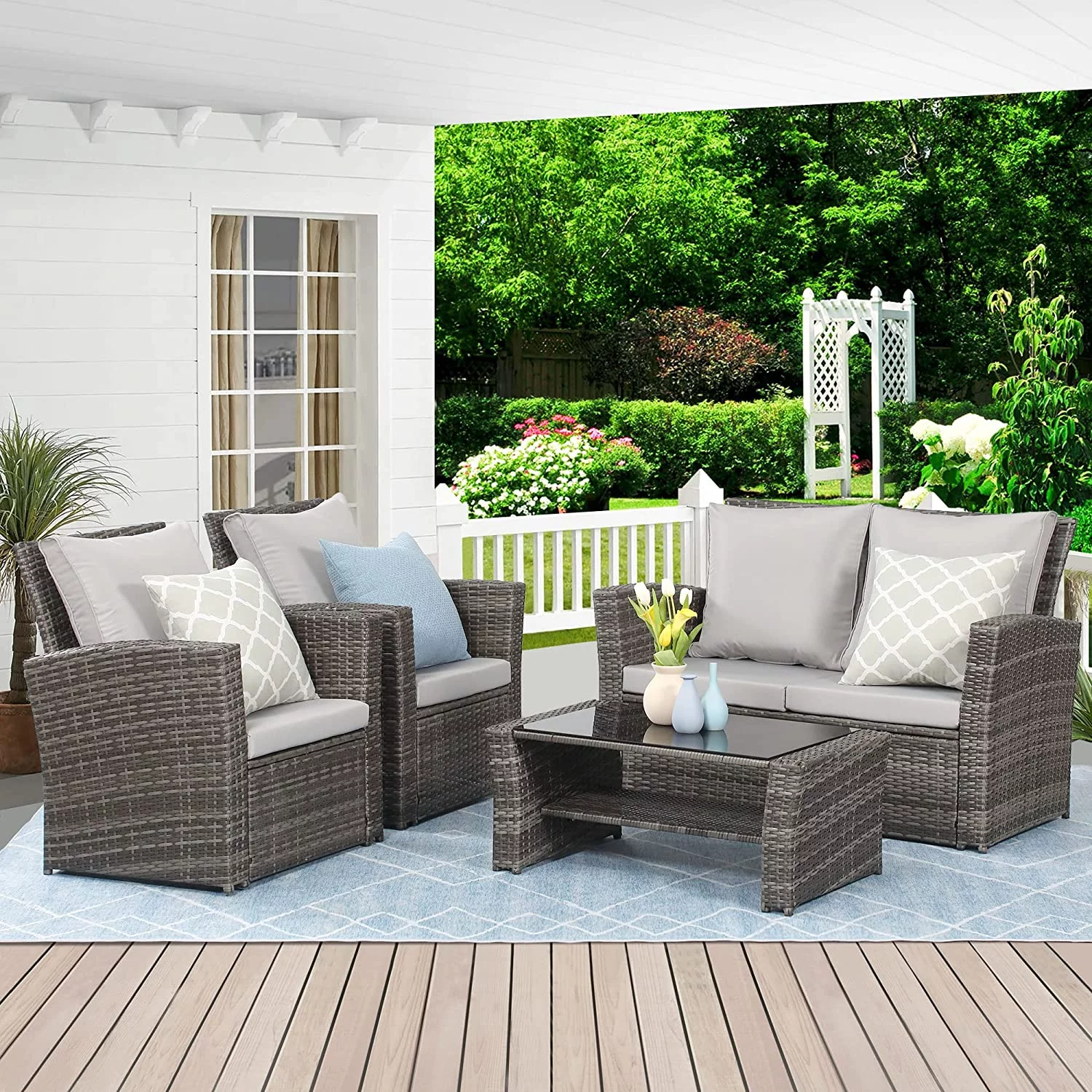 sell well Lane 4 Piece Outdoor Patio Furniture Sets  Wicker Conversation Set for Porch Deck  Gray Rattan Sofa Chair with Cushion