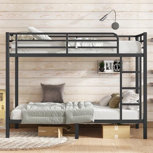 Heavy Duty Bunk Bed Frame with Ladder, Twin XL Over Twin XL Bunk Beds with Safety Guardrails, Adults Bunk Beds with Noise-Reducing Rubber Stoppers, Easy Assemble, Black
